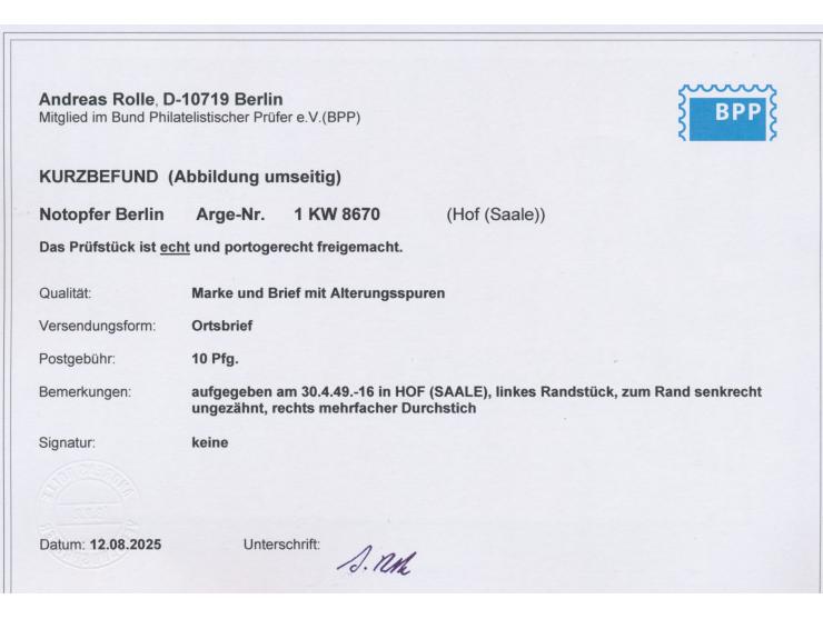 Hof (Saale) 2,  Notopfermarke mit Seitenrand mit dreiseitigem  Durchstich  (Rand ohne Durchstich, rechts doppelter senkrechte
