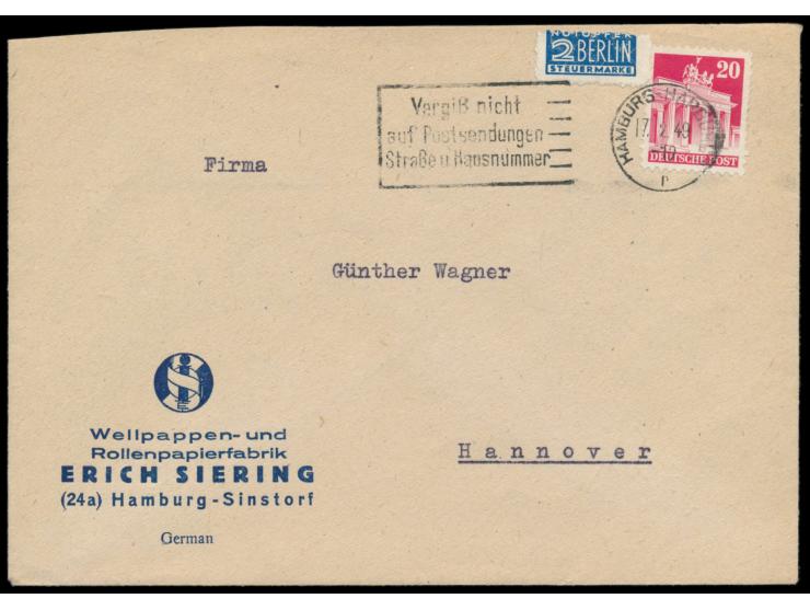 Hamburg,  Notopfermarke mit  Postmeisterdurchstich  auf Firmenbrief mit 20 Pf. Bauten aus Hamburg-Sinstorf, Maschinenstempel 