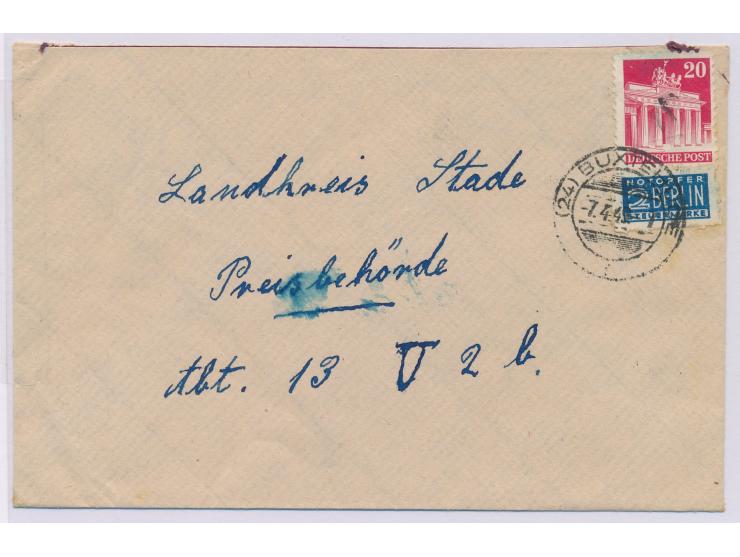 Notopfermarke mit  Postmeister-Durchstich Jork  auf Brief mit 20 Pf. Bauten nach Stade, Stempel  Buxtehude  7.4.49, Harlos-Nr