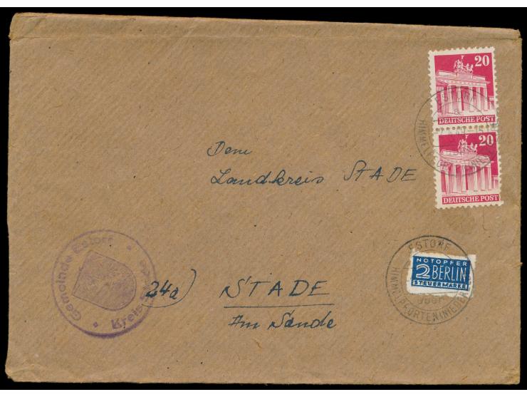 Notopfermarke mit  Postmeister-Durchstich Stade  auf Brief 2. Gewicht mit 2 x 20 Pf. Bauten nach Stade, Stempel  Estorf über 