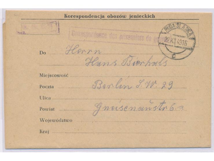 Vordruck-Faltbrief des polnischen  Kriegsgefangenenlagers Ruda Slaska  nach Berlin, violetter Zensurstempel C.R. VI und R1 "C