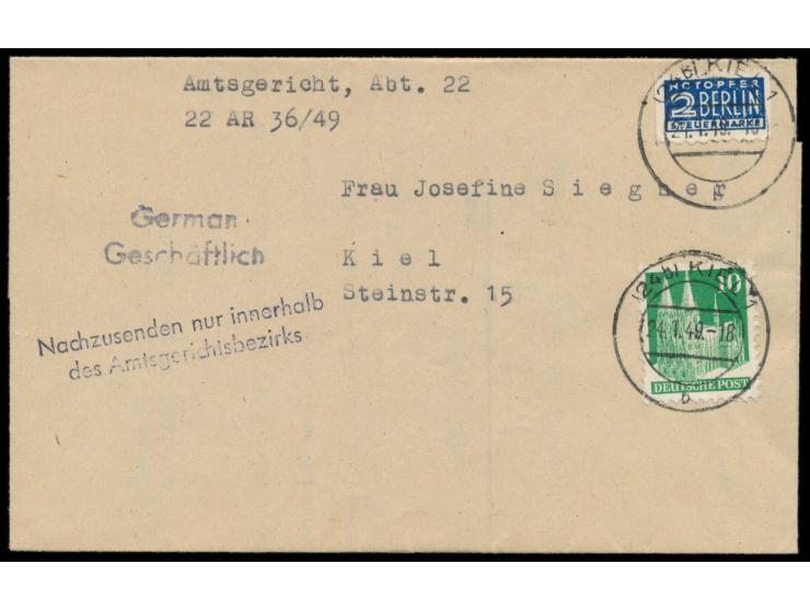 Kiel,  Notopfermarke mit waagerechtem  Postmeisterdurchstich,  zusammen mit 10 Pf. Bauten auf Ortsbrief, Stempel Kiel 1 24.1.