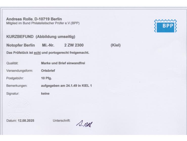 Kiel,  Notopfermarke mit waagerechtem  Postmeisterdurchstich,  zusammen mit 10 Pf. Bauten auf Ortsbrief, Stempel Kiel 1 24.1.