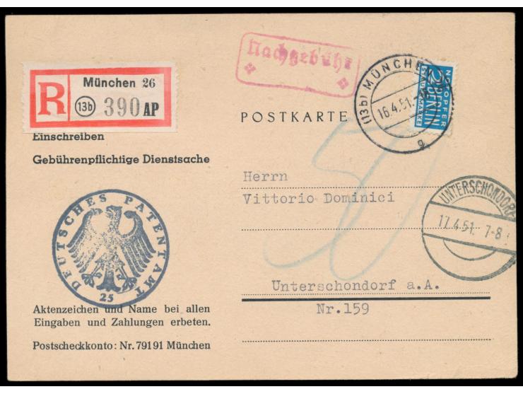 Einschreiben-Ortspostkarte  unfrankiert als Gebührenpflichtige Dienstsache, Absender Deutsches Patentamt, nur Notopfermarke 6