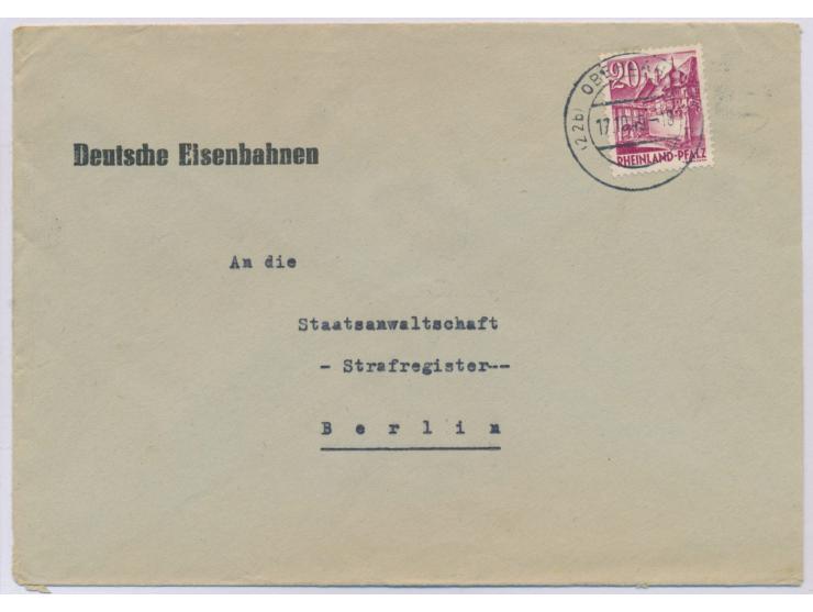 Rheinland-Pfalz  20 Pf. auf Behördenbrief nach Berlin, Stempel Oberlahnstein 17.10.49,  Notopfer-befreit
Stichwort: Französis