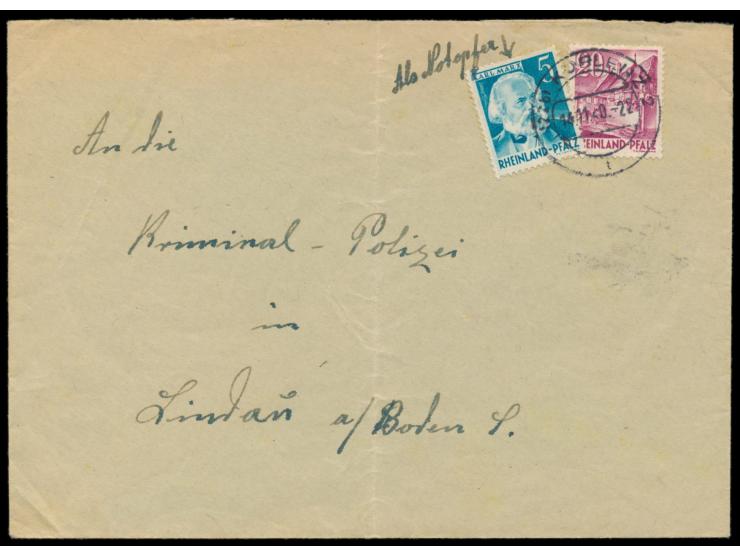 Rheinland-Pfalz 5 Pf. und 20 Pf. auf Brief mit Stempel Koblenz 14.11.49 an Kriminal-Polizei in Lindau,  5 Pf.-Marke als Notop