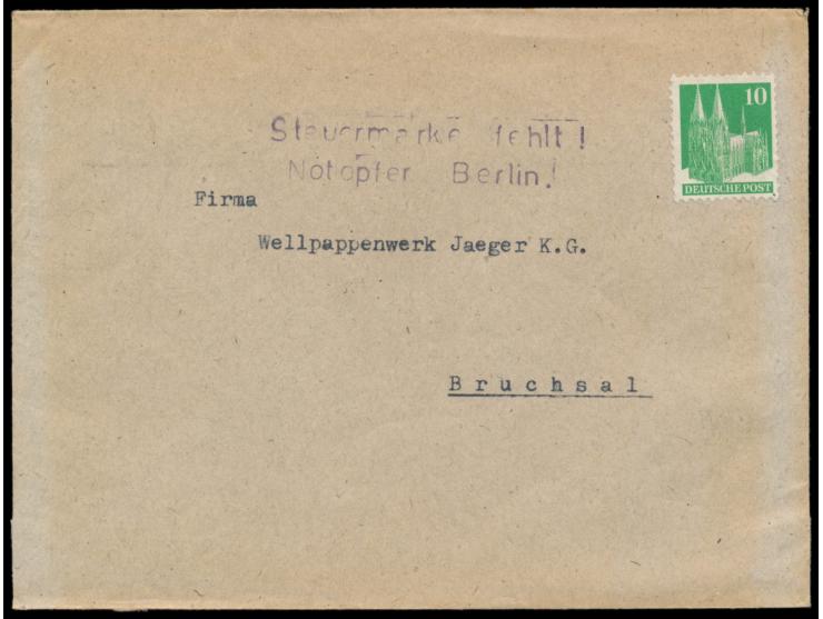 Ortsbrief  Bruchsal  mit 10 Pf. Bauten unentwertet, violetter Setzkasten-L2  Steuermarke fehlt ! / Notopfer Berlin. , an Abse