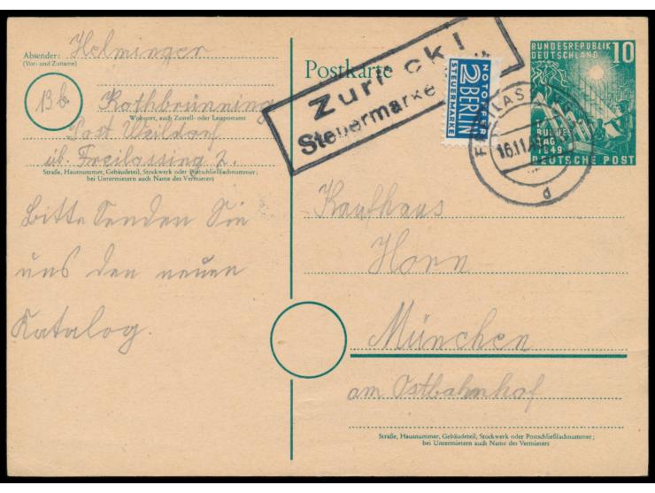 Sonderganzsache 10 Pf. Bundestag aus  Weildorf über Freilassing  nach München, schwarzer R2  Zurück ! / Steuermarke fehlt. , 