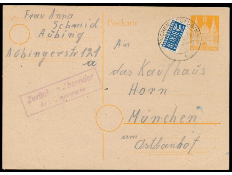 Bauten-Ganzsache 8 Pf. aus  Aubing  nach München, R2  Zurück an Absender / fehlt Steuermarke  (kursiv), ungestempelt zurück a