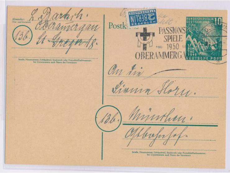 Sonderganzsache 10 Pf. Bundestag mit Maschinenstempel &nbsp;Oberammergau &nbsp;2.11.49 nach München, &nbsp;handschriftlich &q