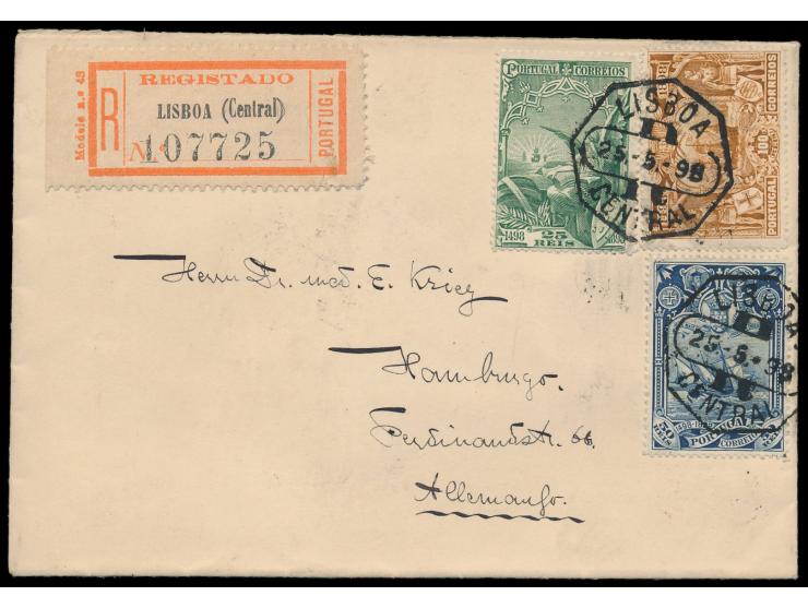 Vasco da Gama  25 R., 50 R. und 100 R. auf  Einschreibbrief  nach Deutschland, Stempel  Lisboa  25.5.98, Ankunftstempel 29.5.