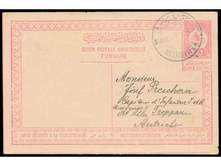 Kosovo,  Türkei-Ganzsache 20 Pa. mit Stempel  Mitrovitza  1.10.11 nach Österreich, Bedarf
Stichwörter: Jugoslawien, Türkei / 