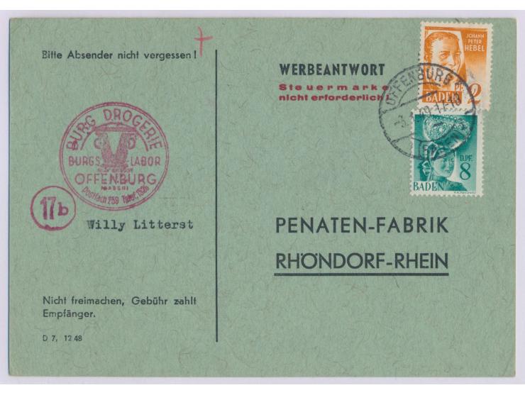 Baden 2 Pf. und 8 Pf. auf vorgedruckter  Werbeantwort-Postkarte  mit Vermerk  "Steuermarke nicht erforderlich!"  an die Penat