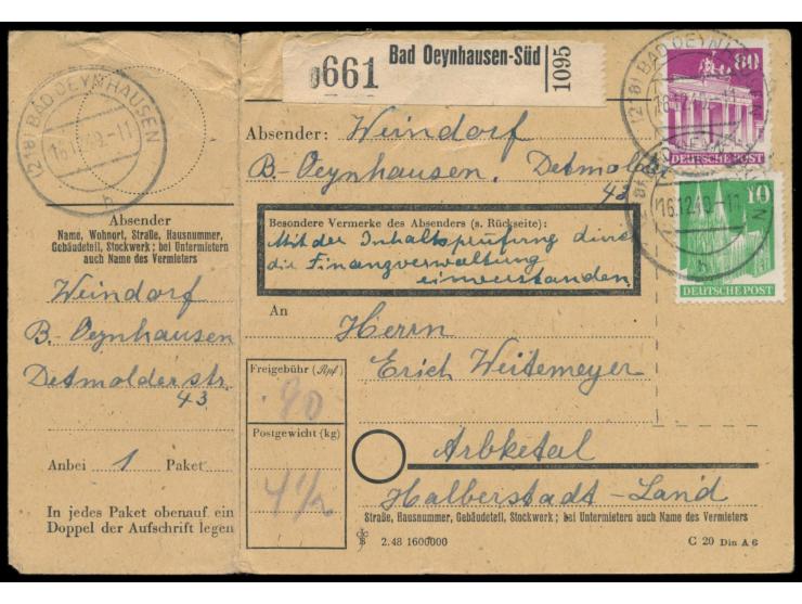 10 Pf. und 80 Pf. auf  Paketkarte  von  Bad Oeynhausen  16.12.49 nach Arbketal bei Halberstadt / DDR,  Notopfer-befreit,  Ver