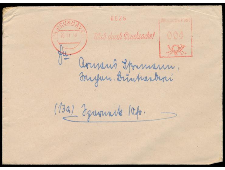Francotyp C-Absenderfreistempel  Cuxhaven  26.11.49 mit Werbeeinsatz  "Wirb durch Drucksache!"  und Wertangabe 004 Pf. als Po