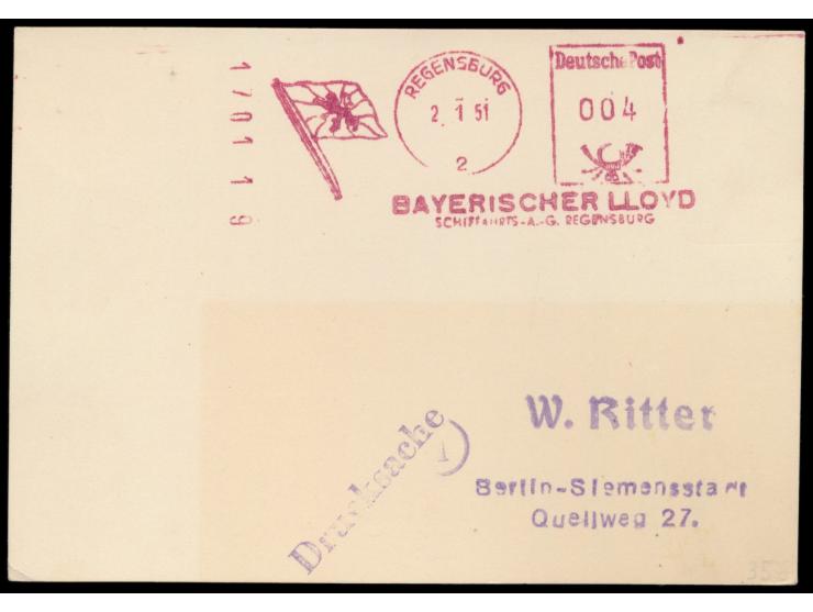 Absenderfreistempel  Komusina,  seltene späte Verwendung als Drucksache mit 004 Pfg. Regensburg Bayrischer Lloyd 2.1.51 nach 