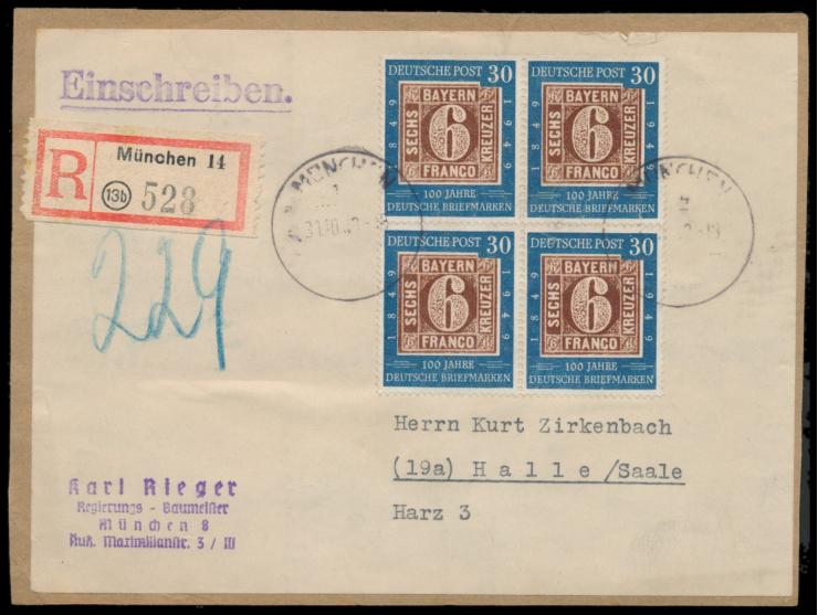 Viererblock  30 Pf. "100 Jahre Briefmarken" auf komplettem Adressausschnitt für einen Einschreibbrief bis 1000 g, Stempel Mün