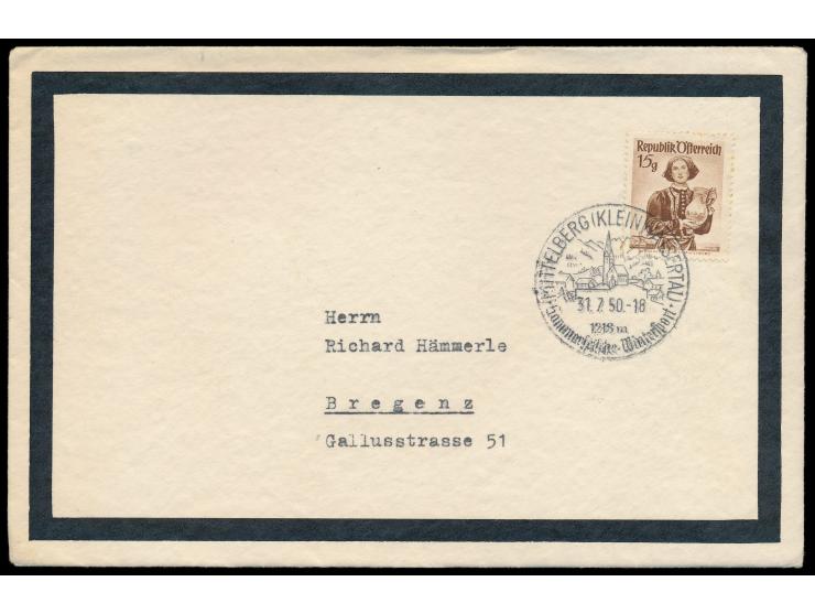 Kleinwalsertal  (Deutsche Postverwaltung bis 31.12.1950): Einzelfrankatur Österreich 15 g Trachten auf Trauerdrucksache (der 