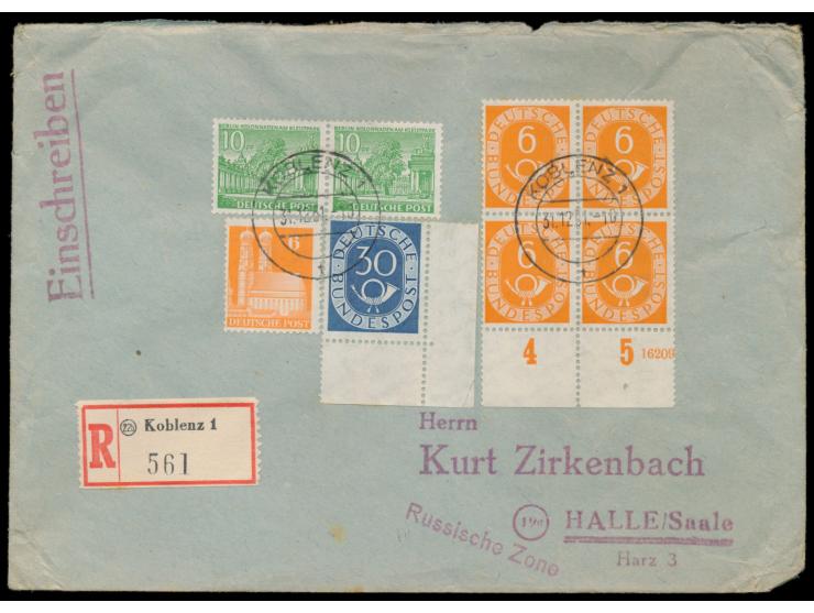 Viererblock 6 Pf. Posthorn &nbsp;(Unterrand mit Teil-HAN, oberes Paar 3 Zahnspitzen mit kleinem Stockpunkt) mit 30 Pf. Postho