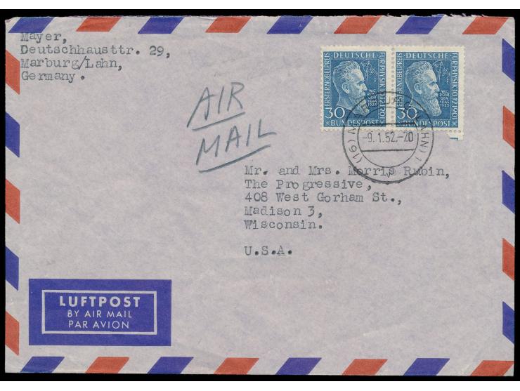 Paar  30 Pf. Röntg en auf Luftpostbrief mit Stempel Marburg (Lahn) 9.1.52 nach USA, portorichtig, Bedarf
Postleitzahl: 350
