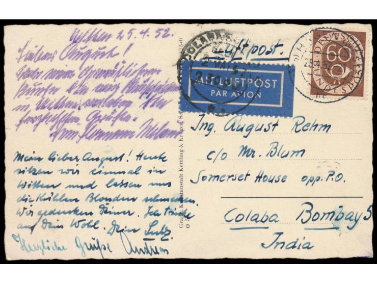 Einzelfrankatur 60 Pf. Posthorn auf Luftpostkarte  nach Indien  (Zone 4), Stempel  Hagen (Westf) 1  28.4.52, Ankunftstempel C