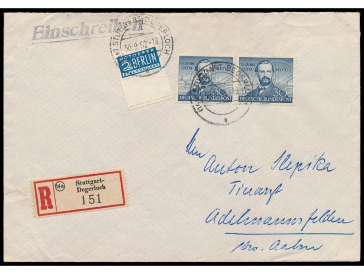 30 Pf. Otto-Motor  als waagerechtes Paar und Notopfermarke auf Einschreibbrief mit Stempel Stuttgart-Degerloch 30.9.52 nach A
