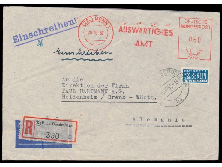 Absenderfreistempel Auswärtiges Amt , Bonn 1 28.10.52, Wertziffer 060 auf Einschreibbrief, R-Zettel Bonn Bundeshaus, Notopfer