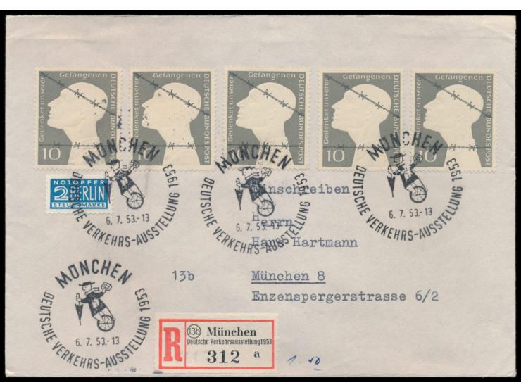 5 x 10 Pf. "Deutsche Kriegsgefangene" und Notopfermarke auf Orts-R-Brief mit Sonderstempel  München - Deutsche Verkehrs-Ausst