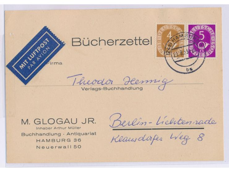 4 Pf. und 5 Pf. Posthorn auf  Luftpost-Bücherzettel  mit Stempel Hamburg 1 21.9.53 nach Berlin, portorichtig, Bedarf
Postleit