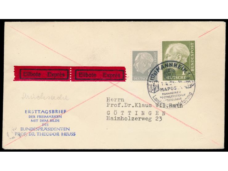 8 Pf. und 1 DM Heuss auf Eilbrief mit Sonderstempel Mannheim MAPOSTA 1.4.54 nach Göttingen, Ankunftstempel 3.4.54, seltener  