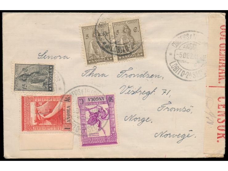 Angola, 2 x 5 C. 15 C., 50 C. und 1 $ mit Stempel Lobito 5.12.42 auf Brief mit Absender aus Santos / Brasilien nach Norwegen,