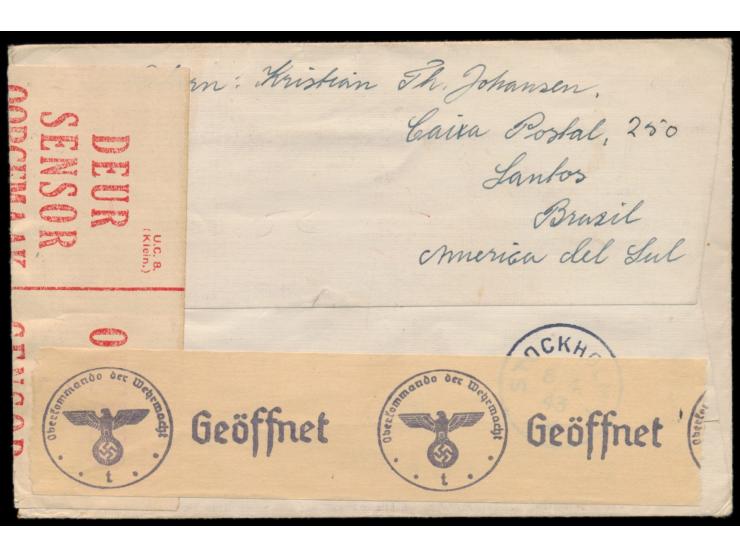 Angola, 2 x 5 C. 15 C., 50 C. und 1 $ mit Stempel Lobito 5.12.42 auf Brief mit Absender aus Santos / Brasilien nach Norwegen,