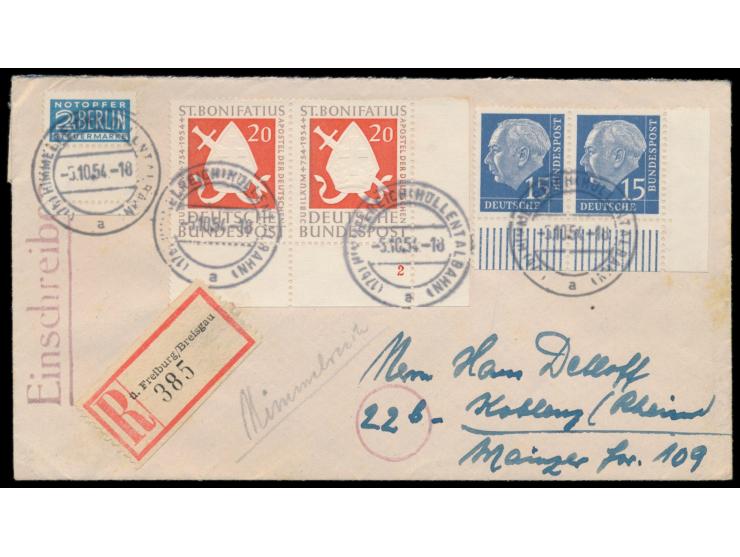 15 Pf. Heuss und 20 Pf. Bonifatius als waagrechte  Eckrand-Paare  rechts unten mit Notopfermarke   auf Einschreibbrief, Stemp