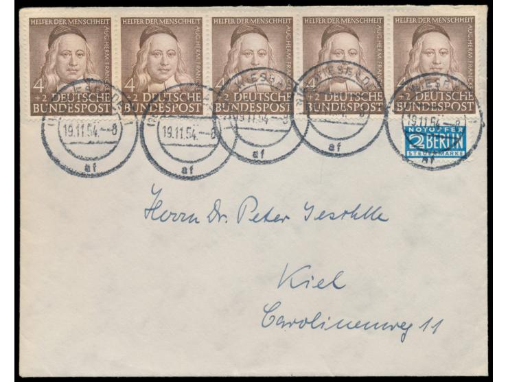 4 Pf. "Helfer der Menschheit" als waagerechter Fünferstreifem und Notopfermarke auf Brief mit Stempel Wiesbaden 1 19.11.54 na