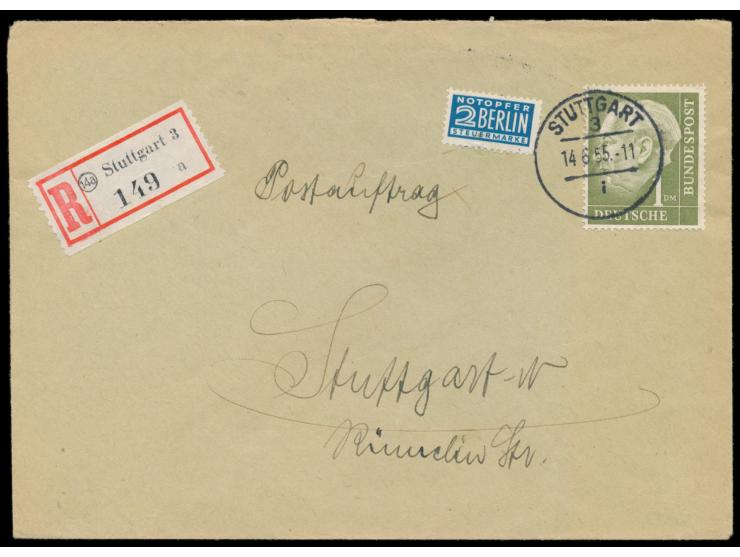 Einzelfrankatur 1 M. Heuss auf  Orts-Postauftrag  mit Stempel  Stuttgart 3  14.6.55, Ankunftstempel Stuttgart 1 14.8.55, port