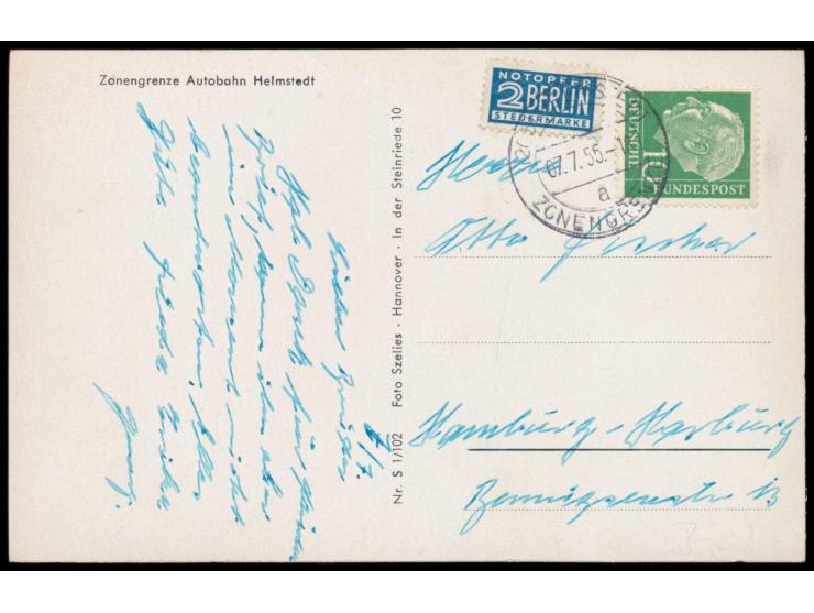 Stempel  (20b) Helmstedt Zonengrenze a  7.7.55 auf Vierbildansichtskarte des Grenzübergangs, dabei auch Post-Gebäude und Gast