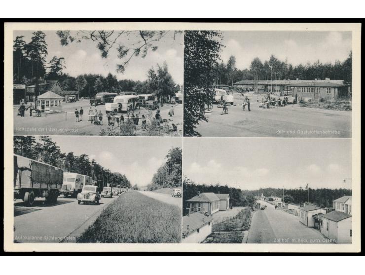 Stempel  (20b) Helmstedt Zonengrenze a  7.7.55 auf Vierbildansichtskarte des Grenzübergangs, dabei auch Post-Gebäude und Gast