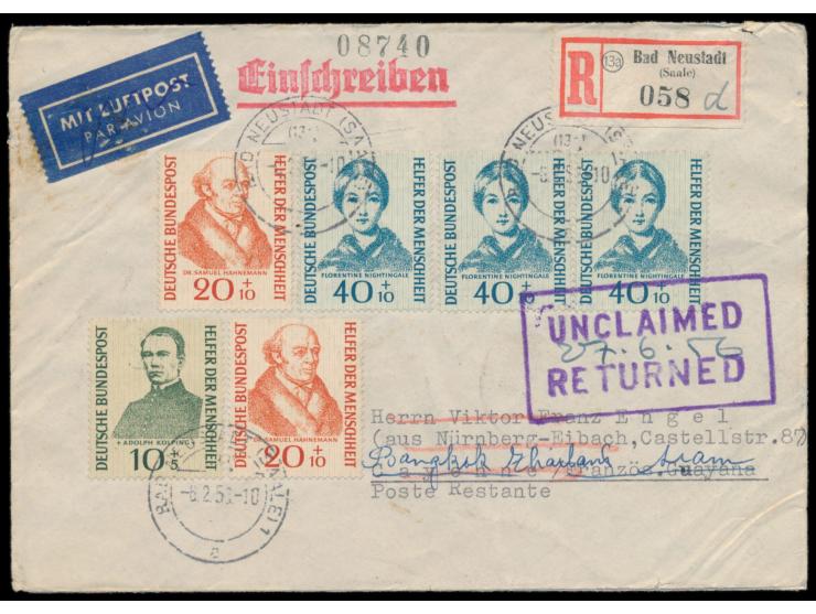 Luftpost-Einschreibbrief  mit Wohlfahrt-Marken-Frankatur 170 Pf. mit Stempel Bad Neustadt (Saale) 6.2.56  nach Cayenne / Fran