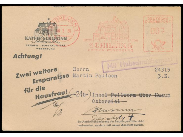 Eisnot-Luftpost 1956:  Drucksachenkarte (Reklamekarte) mit Absenderfreistempel "Schilling"  Bremen 1  8.2.56, Wertziffer 007,
