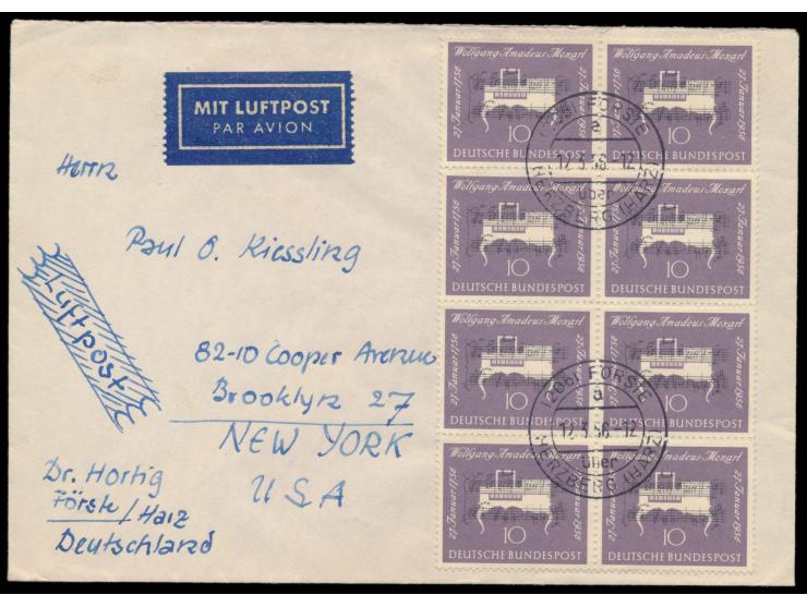 10 Pf.  Mozart  im  Achterblock  auf Luftpostbrief nach USA, zwei zentrische Stempel  Förste über Herzberg (Harz)  12.3.56, p