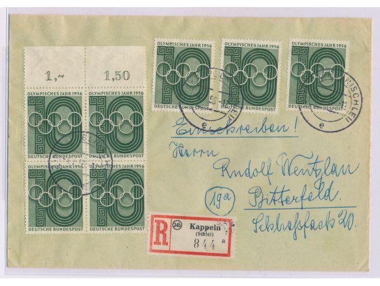 7 x 10 Pf. "Olympisches Jahr 1956" (Oberrand-Viererblock und drei Einzelmarken) auf  Einschreibbrief  mit Stempel  Kappeln (S