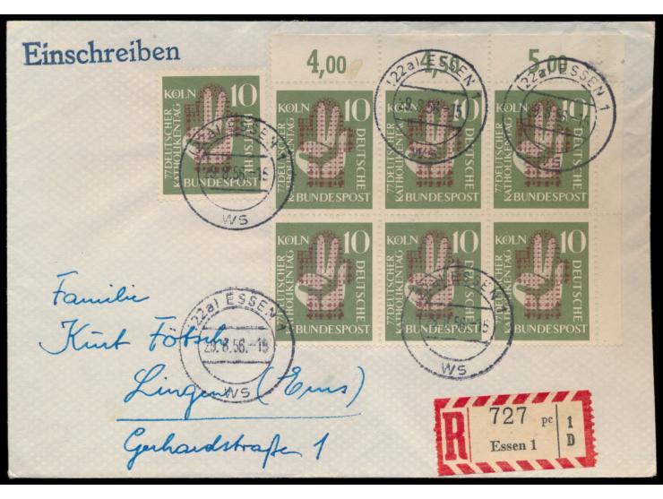 Katholikentag 10 Pf. : Einzelmarke und  Eckrand-Sechserblock  rechts oben auf Einschreibbrief mit Stempel Essen 1 29.8.56 nac