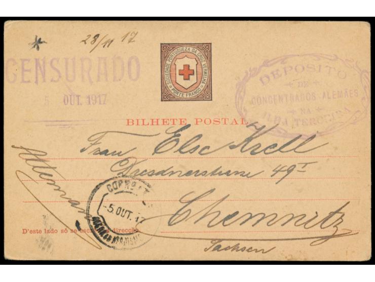 Azoren,  Vordruckkarte des Portugiesischen Roten Kreuz als Kriegsgefangenenkarte nach Deutschland, Ovalstempel  "Deposito de 