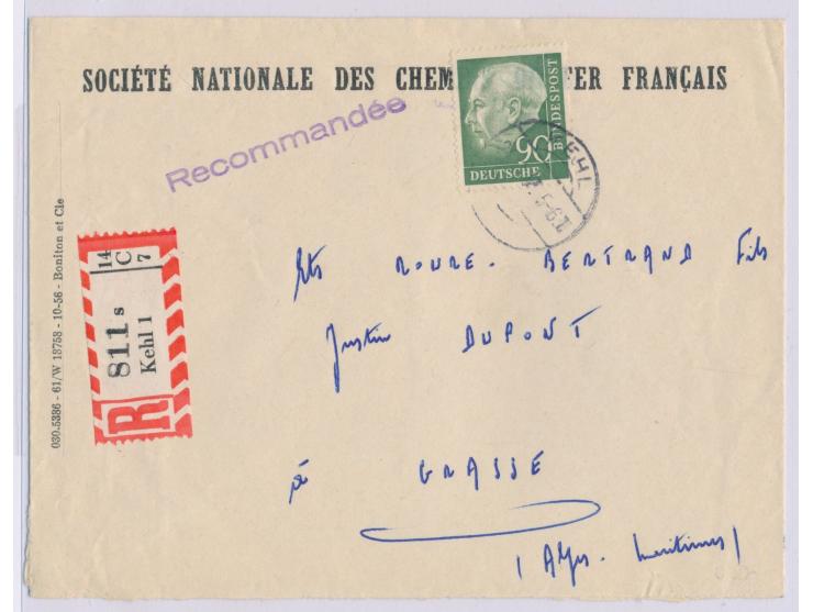 Einzelfrankatur 90 Pf. Heuss auf  Auslands-Einschreibbrief  mit Stempel  Kehl  24.9.57 (Stempelveteran) nach Frankreich, Umsc