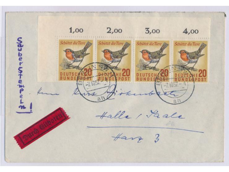 20 Pf. Naturschutz als waagerechter Eckrandviererstreifen links oben auf Eilbotenbrief mit Stempel Berlin SW 11 7.10.57 nach 