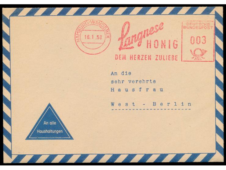 Postwurfsendung  "An die sehr verehrte Hausfrau in West-Berlin" mit  Absenderfreistempel  Langnese Honig, Hamburg-Wandsbek 16
