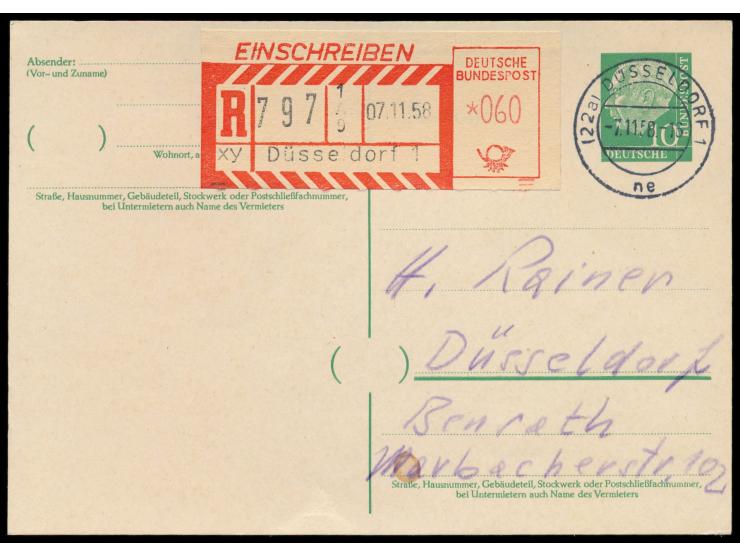 1. Automaten-Versuchs-Einschreibzettel  im Freistempelmuster: Ganzsache 10 Pf. mit Versuchs-R-Zettel  Düsseldorf 1  mit Nr. 7
