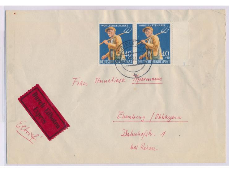 2 x  Wohlfahrtsmarke 40 Pf.  auf Eilbrief mit Stempel Bielefeld 2 30.11.58 nach Ebersberg, Ankunftstempel 2.12.58, portoricht