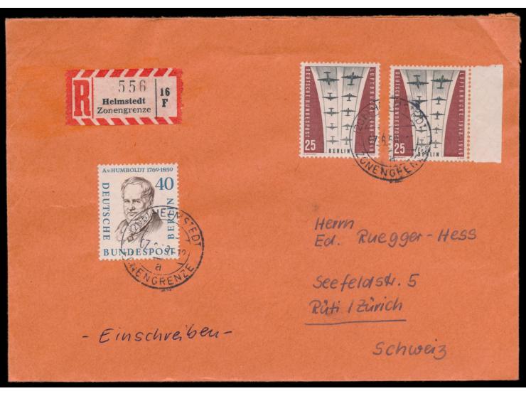 Stempel  (20b) Helmstedt Zonengrenze  7.6.59 auf Auslands-R-Brief mit Berlin-Frankatur 90 Pf. in die Schweiz, Absender aus Be