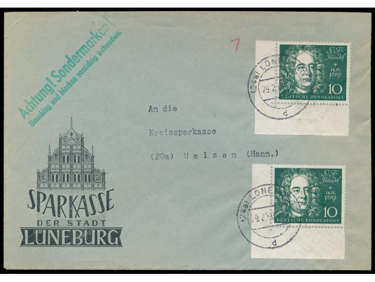 2 x  Blockmarke 10 Pf. Bach  auf Brief der Sparkasse Lüneburg mit Stempel  Lüneburg 2  29.2.60  an die Kreissparkasse in Uelz